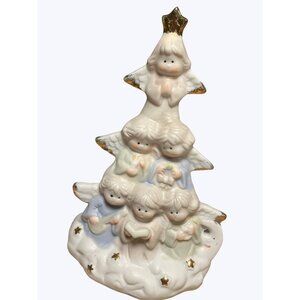 Porcelain Angel Christmas Tree Figurine With Gold Colored Accents